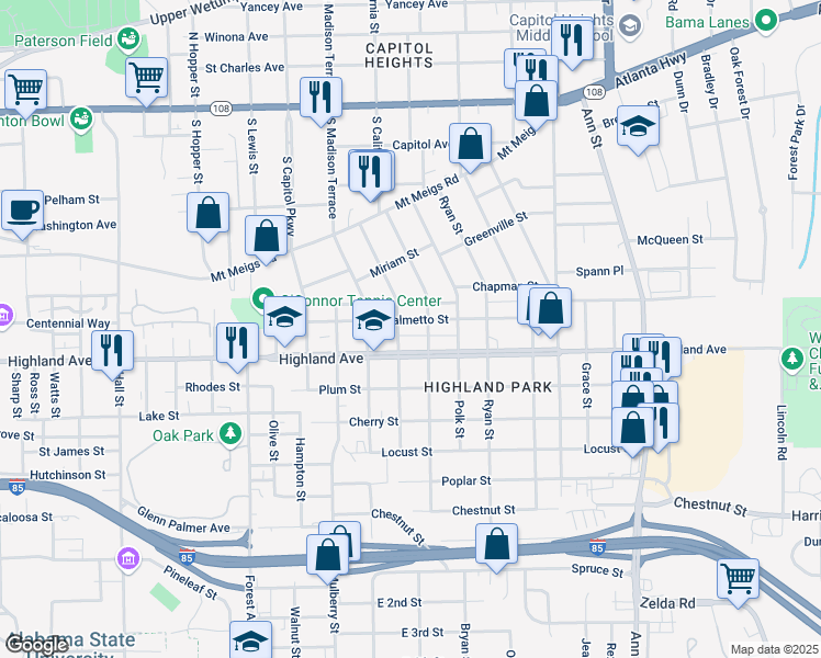 map of restaurants, bars, coffee shops, grocery stores, and more near 2110 Palmetto Street in Montgomery