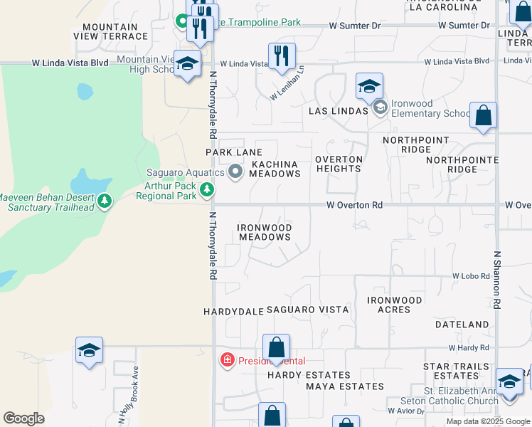 map of restaurants, bars, coffee shops, grocery stores, and more near 9180 North Ironwood Meadows Drive in Tucson