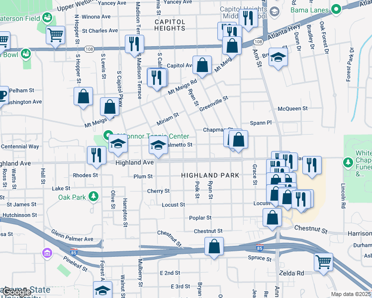map of restaurants, bars, coffee shops, grocery stores, and more near 2226 Palmetto Street in Montgomery
