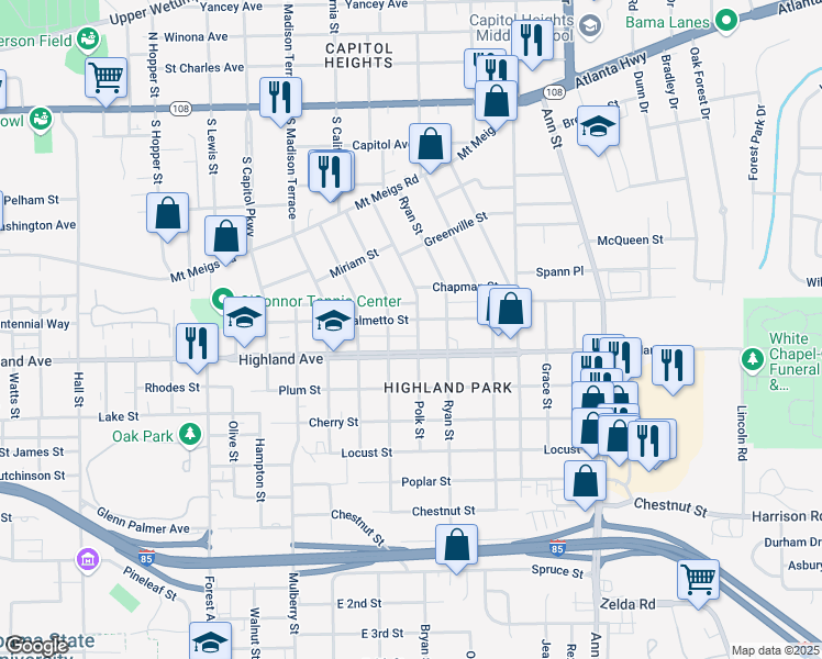 map of restaurants, bars, coffee shops, grocery stores, and more near 2226 Palmetto Street in Montgomery