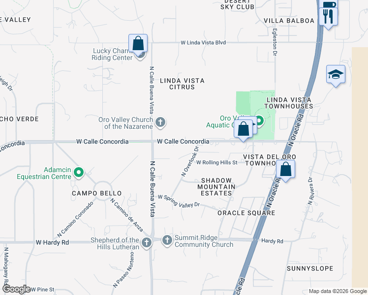 map of restaurants, bars, coffee shops, grocery stores, and more near 355 West Calle Concordia in Oro Valley