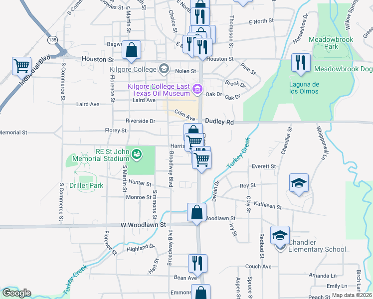 map of restaurants, bars, coffee shops, grocery stores, and more near 906 Harris Street in Kilgore