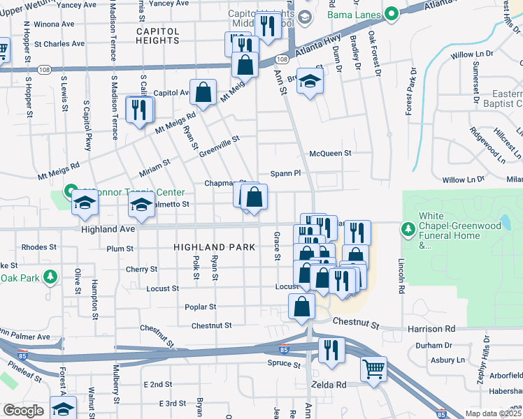 map of restaurants, bars, coffee shops, grocery stores, and more near 609 South Panama Street in Montgomery