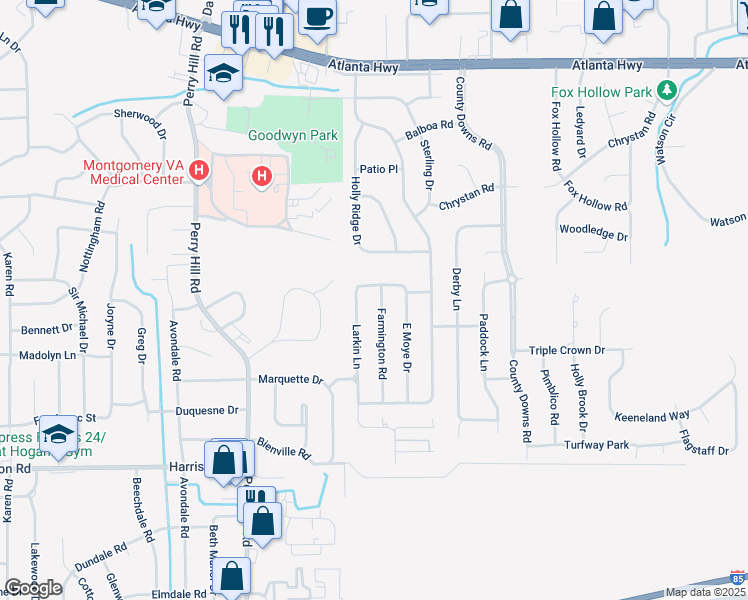 map of restaurants, bars, coffee shops, grocery stores, and more near 513 Farmington Road in Montgomery