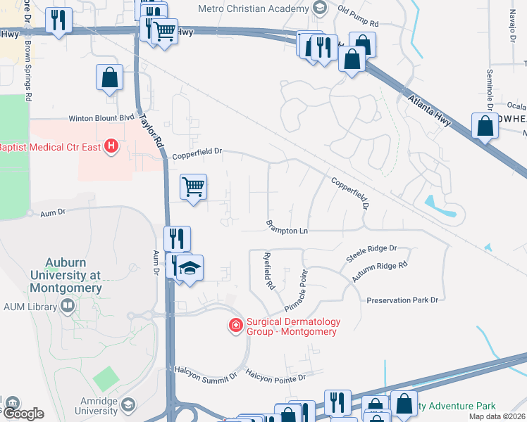 map of restaurants, bars, coffee shops, grocery stores, and more near 7157 White Oak Lane in Montgomery