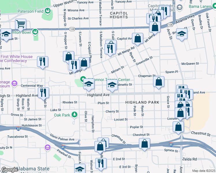 map of restaurants, bars, coffee shops, grocery stores, and more near 609 Boyce Street in Montgomery