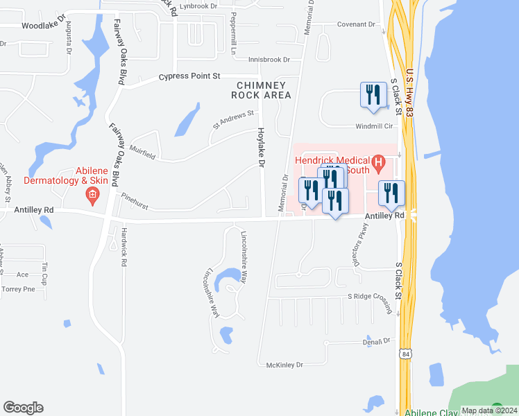 map of restaurants, bars, coffee shops, grocery stores, and more near 44 Hoylake Drive in Abilene