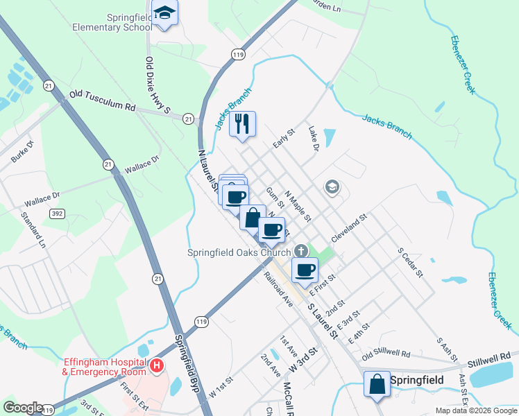 map of restaurants, bars, coffee shops, grocery stores, and more near 204 Franklin Street in Springfield