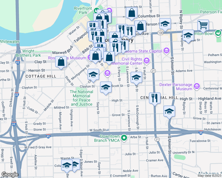 map of restaurants, bars, coffee shops, grocery stores, and more near 431 South Court Street in Montgomery