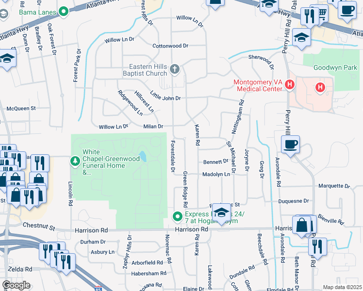 map of restaurants, bars, coffee shops, grocery stores, and more near 752 Green Ridge Road in Montgomery