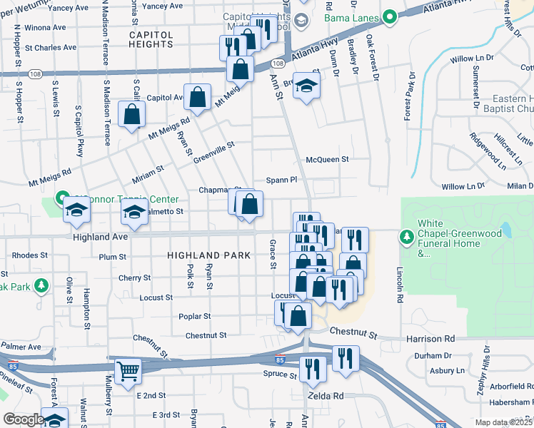 map of restaurants, bars, coffee shops, grocery stores, and more near 609 South Panama Street in Montgomery