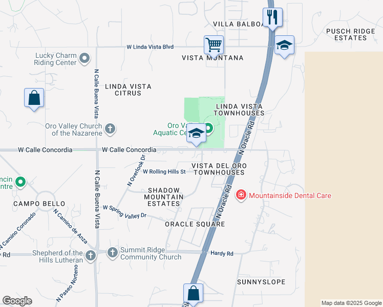 map of restaurants, bars, coffee shops, grocery stores, and more near 25 West Calle Concordia in Oro Valley