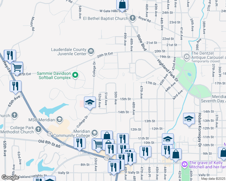 map of restaurants, bars, coffee shops, grocery stores, and more near 1515 50th Ave in Meridian