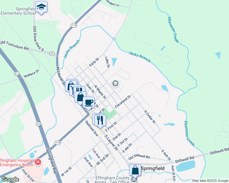 map of restaurants, bars, coffee shops, grocery stores, and more near 500 North Ash Street in Springfield