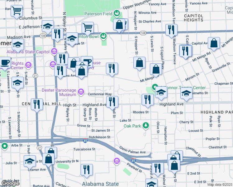 map of restaurants, bars, coffee shops, grocery stores, and more near 1500 Reuben Street in Montgomery