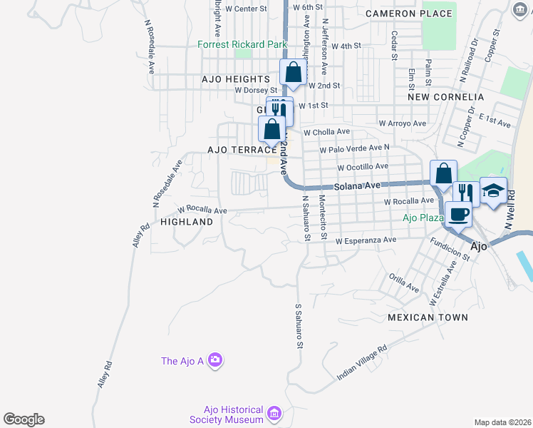 map of restaurants, bars, coffee shops, grocery stores, and more near 1145 West Rocalla Avenue in Ajo