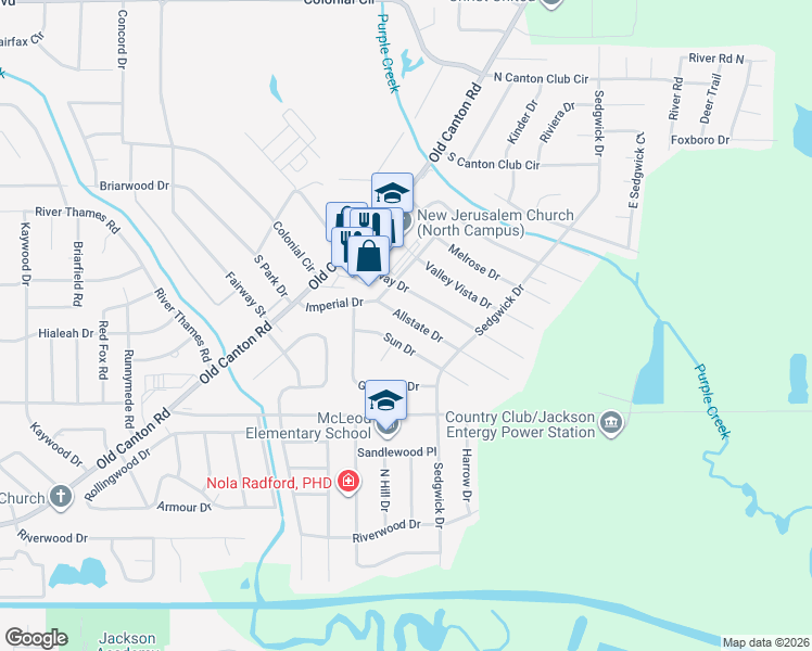 map of restaurants, bars, coffee shops, grocery stores, and more near 233 Allstate Drive in Jackson