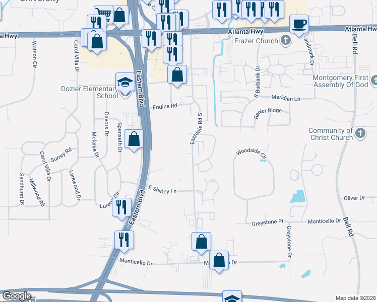 map of restaurants, bars, coffee shops, grocery stores, and more near 472 Eastdale Road South in Montgomery