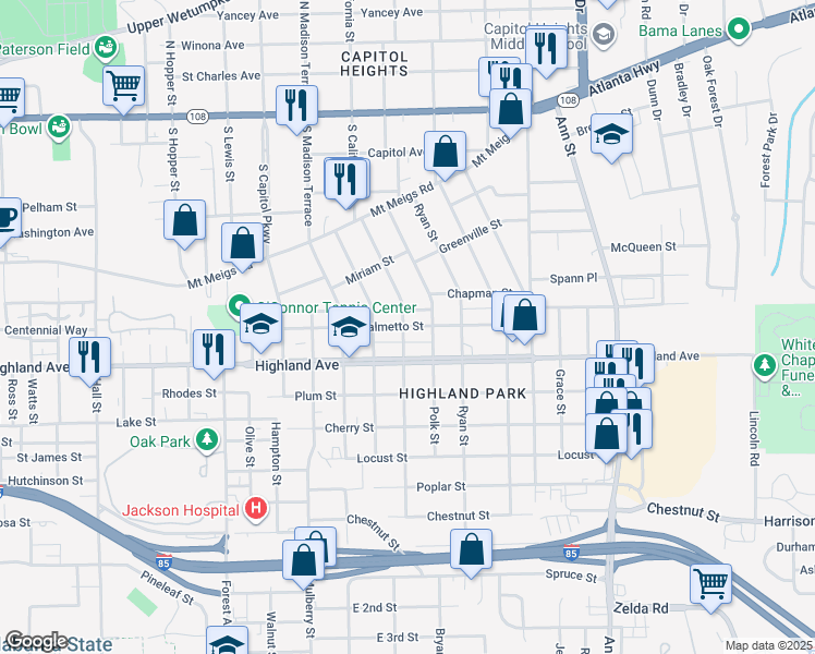 map of restaurants, bars, coffee shops, grocery stores, and more near 2110 Palmetto Street in Montgomery