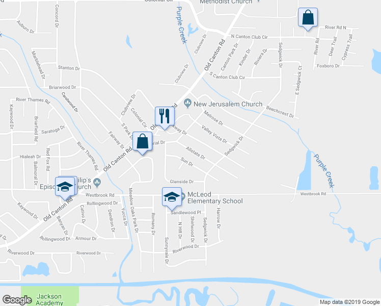 map of restaurants, bars, coffee shops, grocery stores, and more near 251 Allstate Drive in Jackson