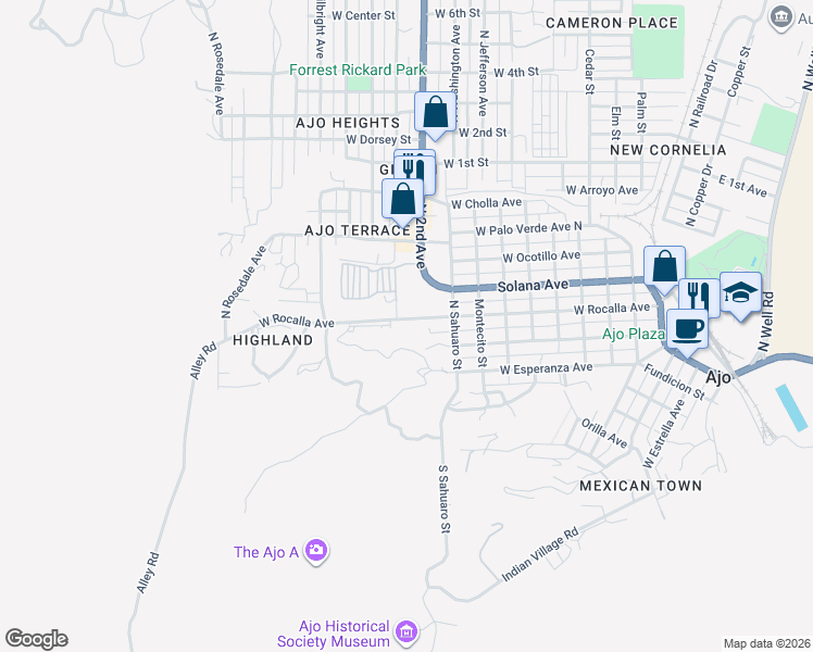 map of restaurants, bars, coffee shops, grocery stores, and more near 1145 West Rocalla Avenue in Ajo