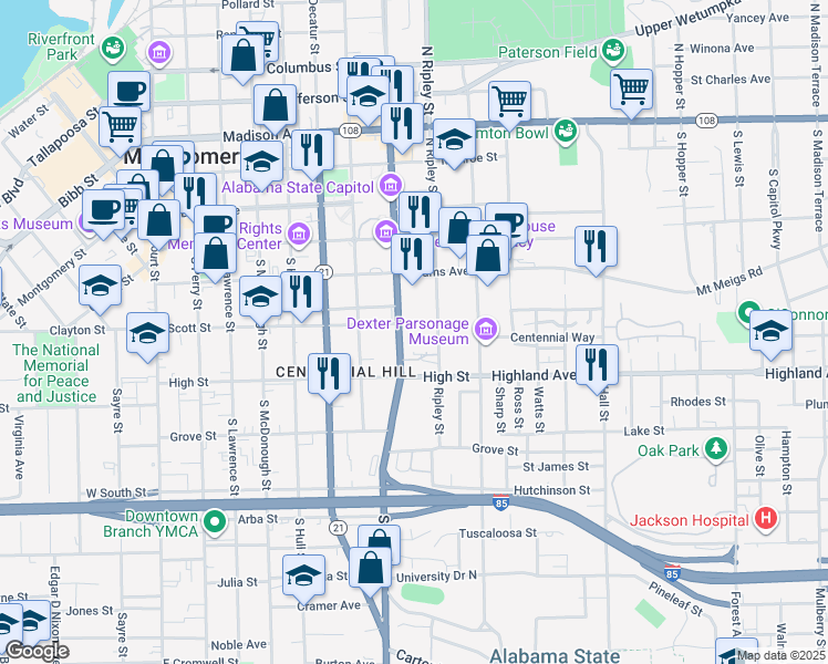 map of restaurants, bars, coffee shops, grocery stores, and more near 409 South Union Street in Montgomery