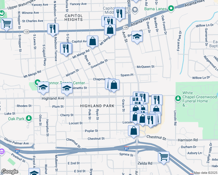 map of restaurants, bars, coffee shops, grocery stores, and more near 600 Charles Street in Montgomery