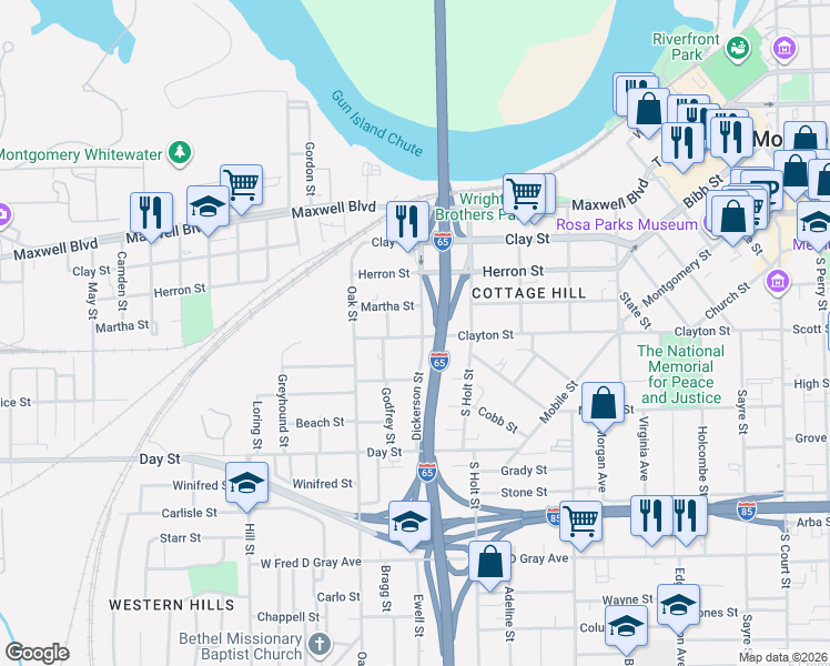 map of restaurants, bars, coffee shops, grocery stores, and more near 3 Dickerson Street in Montgomery
