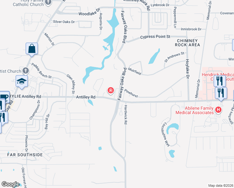 map of restaurants, bars, coffee shops, grocery stores, and more near 68 Fairway Oaks Boulevard in Abilene