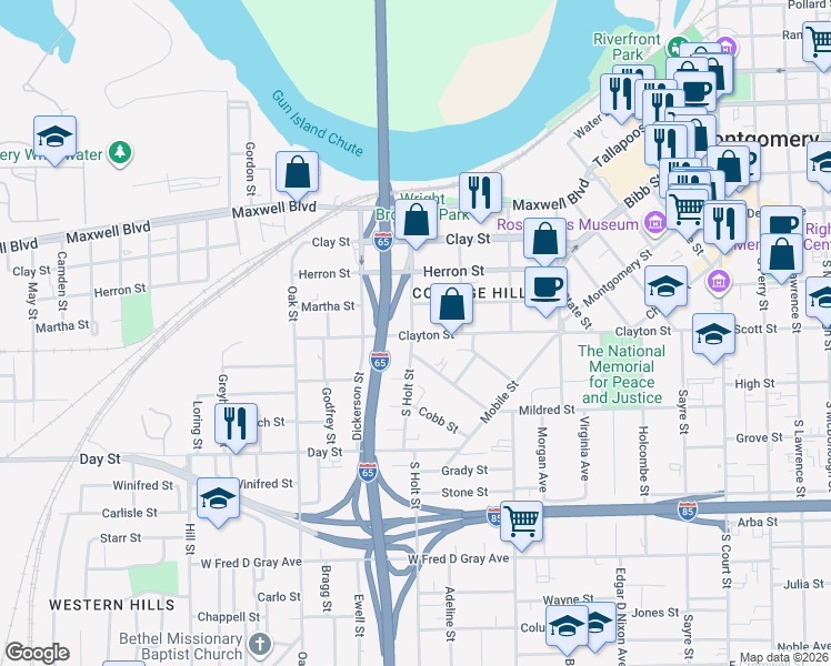 map of restaurants, bars, coffee shops, grocery stores, and more near 431 South Holt Street in Montgomery