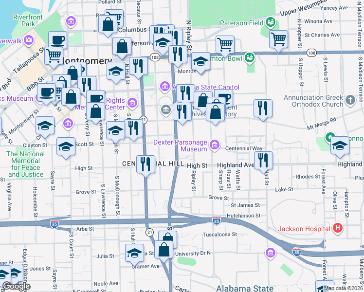 map of restaurants, bars, coffee shops, grocery stores, and more near 409 South Union Street in Montgomery