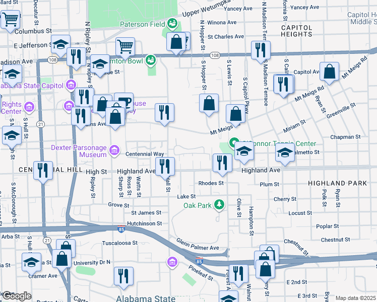 map of restaurants, bars, coffee shops, grocery stores, and more near 1500-1524 Reuben Street in Montgomery
