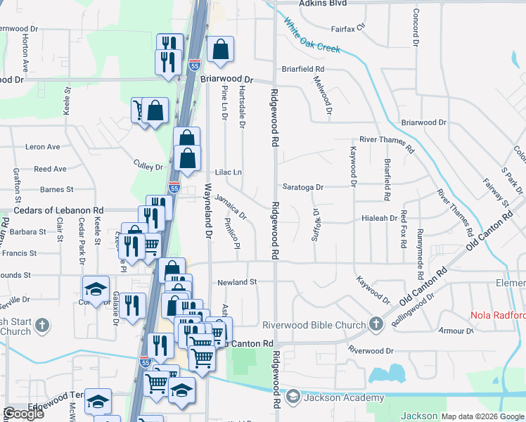 map of restaurants, bars, coffee shops, grocery stores, and more near 5345 Ridgewood Road in Jackson