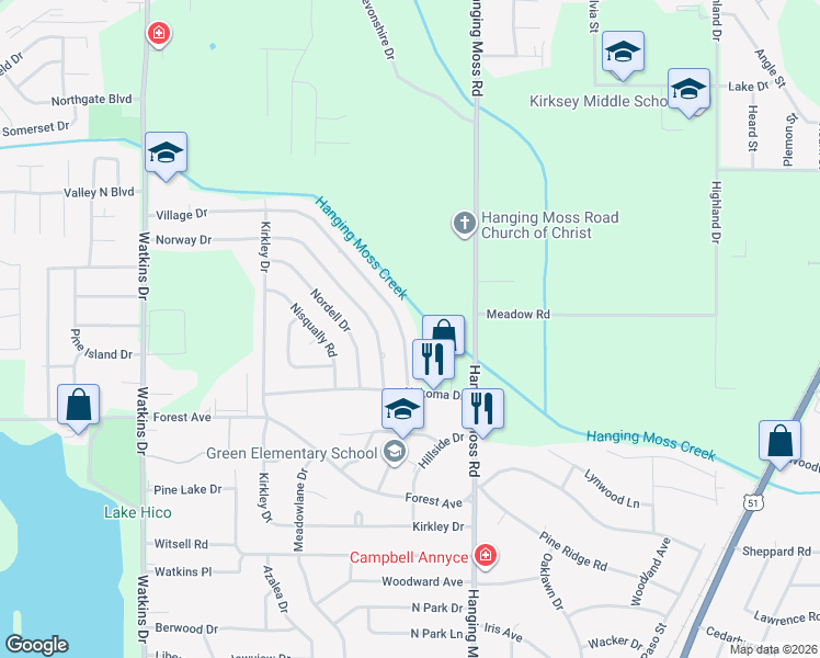 map of restaurants, bars, coffee shops, grocery stores, and more near 4543 Village Drive in Jackson