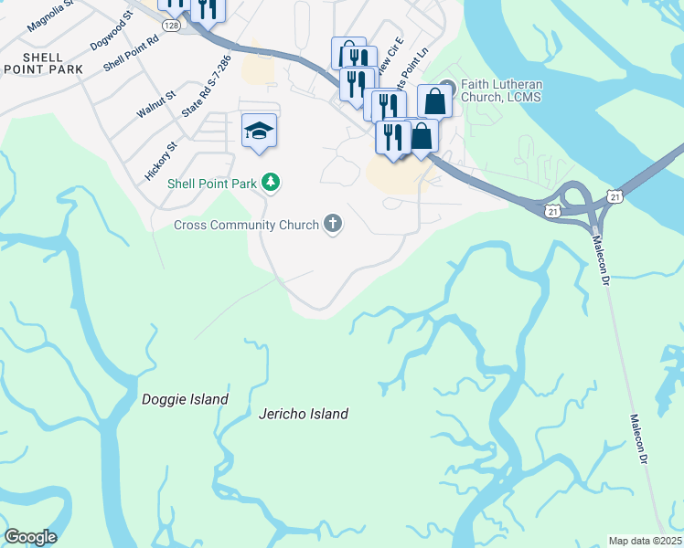 map of restaurants, bars, coffee shops, grocery stores, and more near 404 Broad River Drive in Beaufort