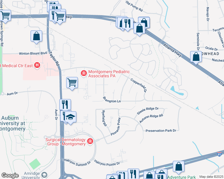 map of restaurants, bars, coffee shops, grocery stores, and more near 7210 Farnsworth Court in Montgomery