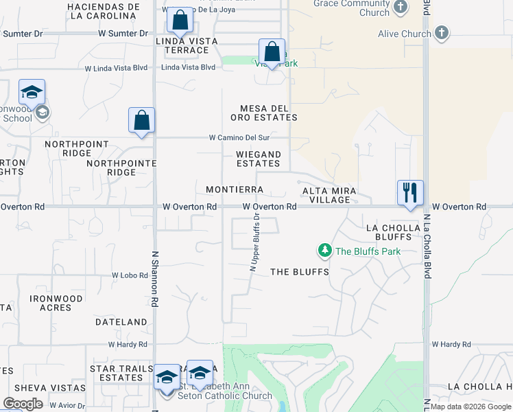 map of restaurants, bars, coffee shops, grocery stores, and more near 8501 North Camino De Plaza in Tucson