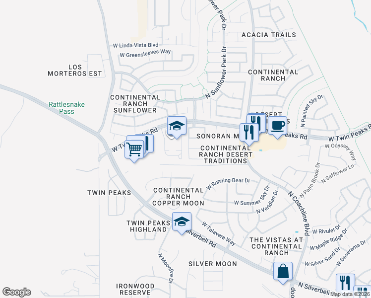 map of restaurants, bars, coffee shops, grocery stores, and more near 9197 North Sugar foot Drive in Tucson
