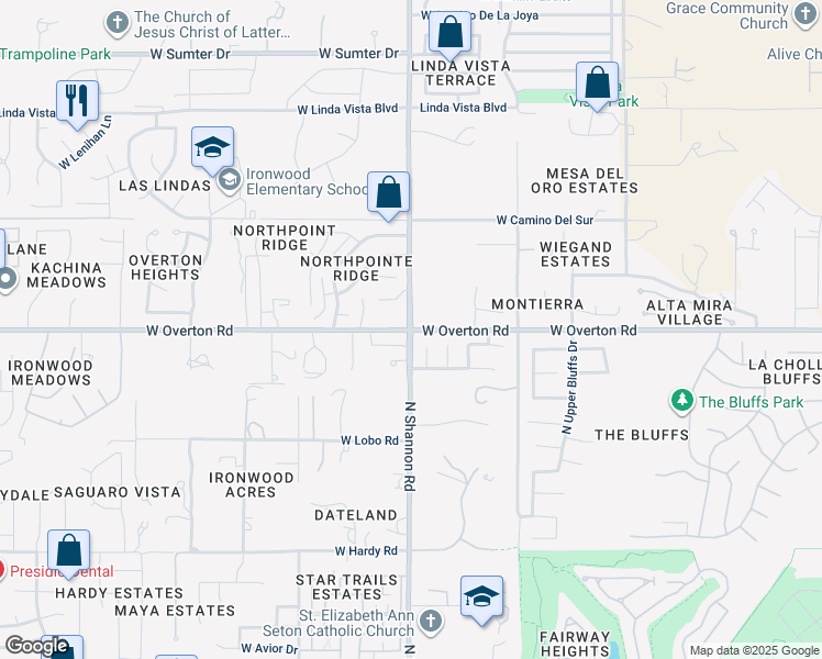 map of restaurants, bars, coffee shops, grocery stores, and more near N Shannon Rd & W Overton Rd in Casas Adobes