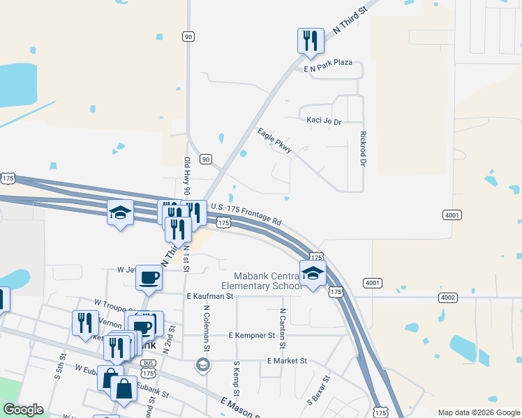 map of restaurants, bars, coffee shops, grocery stores, and more near in Mabank