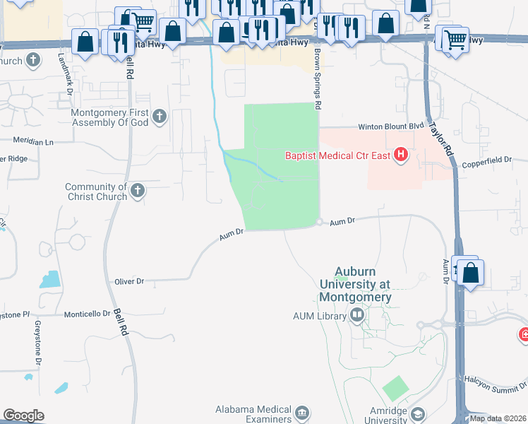 map of restaurants, bars, coffee shops, grocery stores, and more near 129 Arrowhead Drive in Montgomery