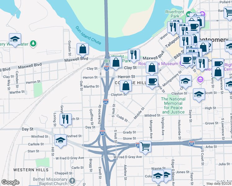 map of restaurants, bars, coffee shops, grocery stores, and more near 401-431 South Holt Street in Montgomery