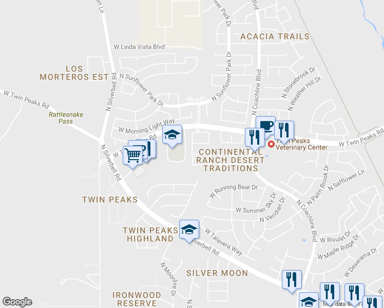map of restaurants, bars, coffee shops, grocery stores, and more near North Sugar foot Drive in Tucson