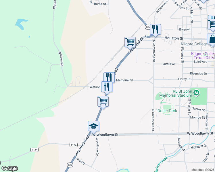map of restaurants, bars, coffee shops, grocery stores, and more near 1828-1928 Industrial Avenue in Kilgore