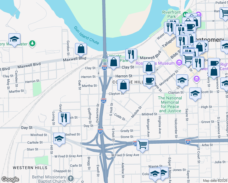 map of restaurants, bars, coffee shops, grocery stores, and more near 401-431 South Holt Street in Montgomery