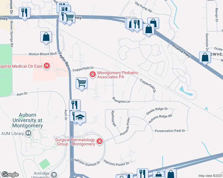 map of restaurants, bars, coffee shops, grocery stores, and more near 7157 White Oak Lane in Montgomery