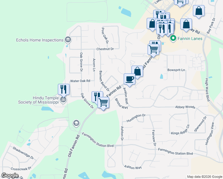map of restaurants, bars, coffee shops, grocery stores, and more near 110 Queens Wood in Brandon