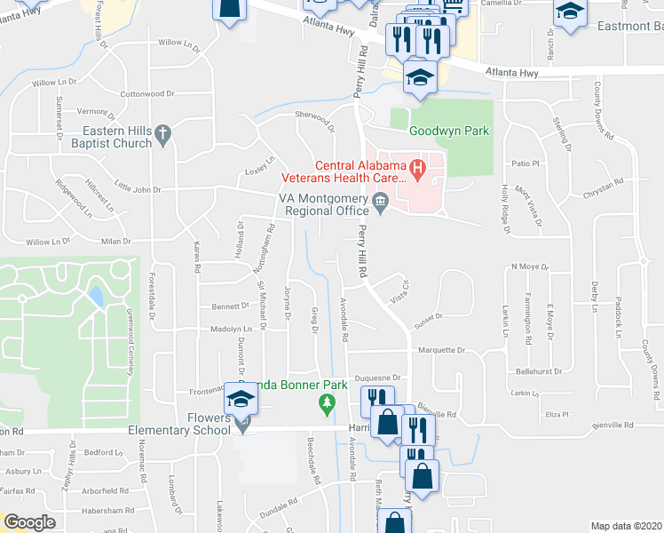 map of restaurants, bars, coffee shops, grocery stores, and more near 444 Avondale Road in Montgomery