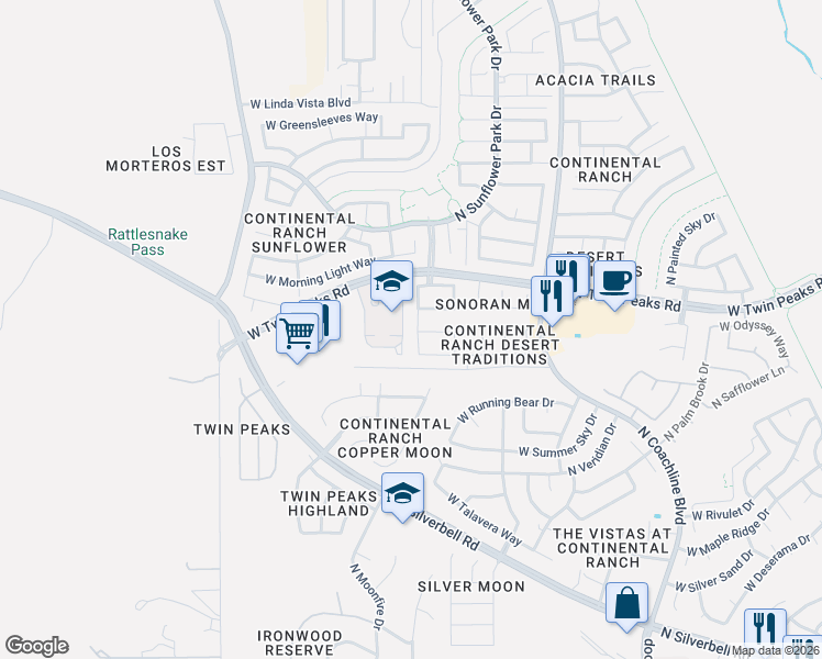 map of restaurants, bars, coffee shops, grocery stores, and more near 7826 West Bodie Road in Tucson