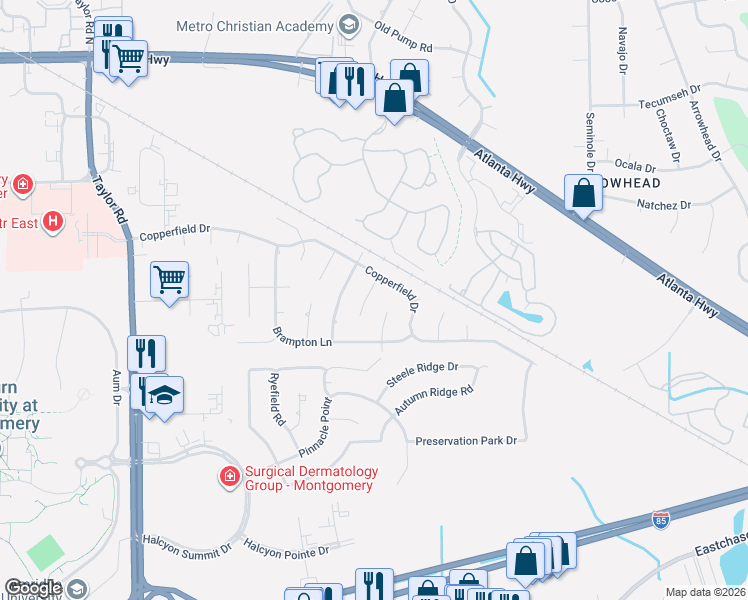 map of restaurants, bars, coffee shops, grocery stores, and more near 7133 Stamford Court in Montgomery
